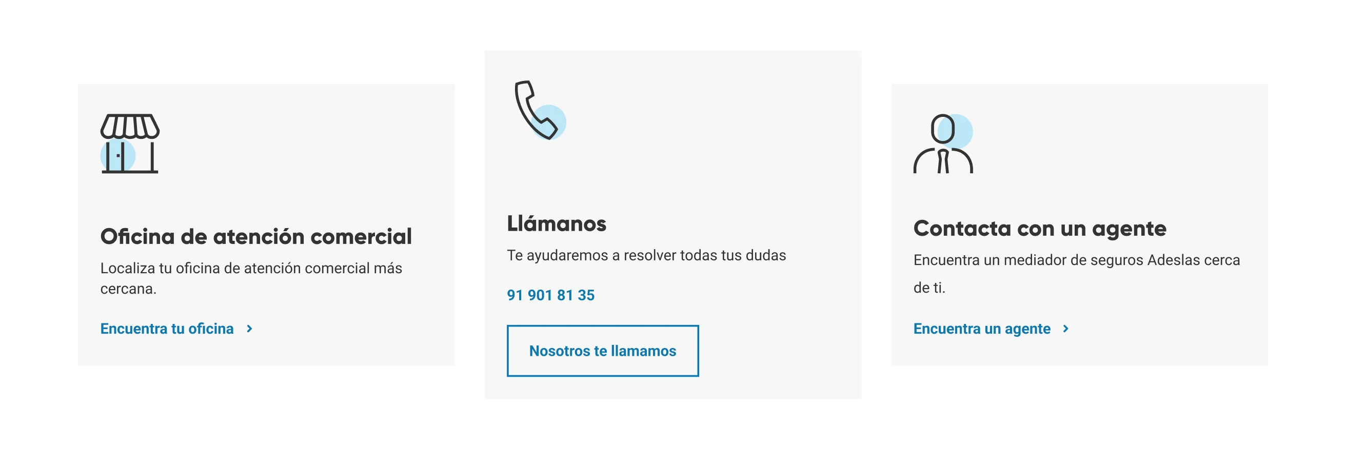 Tres tarjetas de contacto de Adeslas: oficina de atención comercial, llamada gratuita y contacto con un agente.